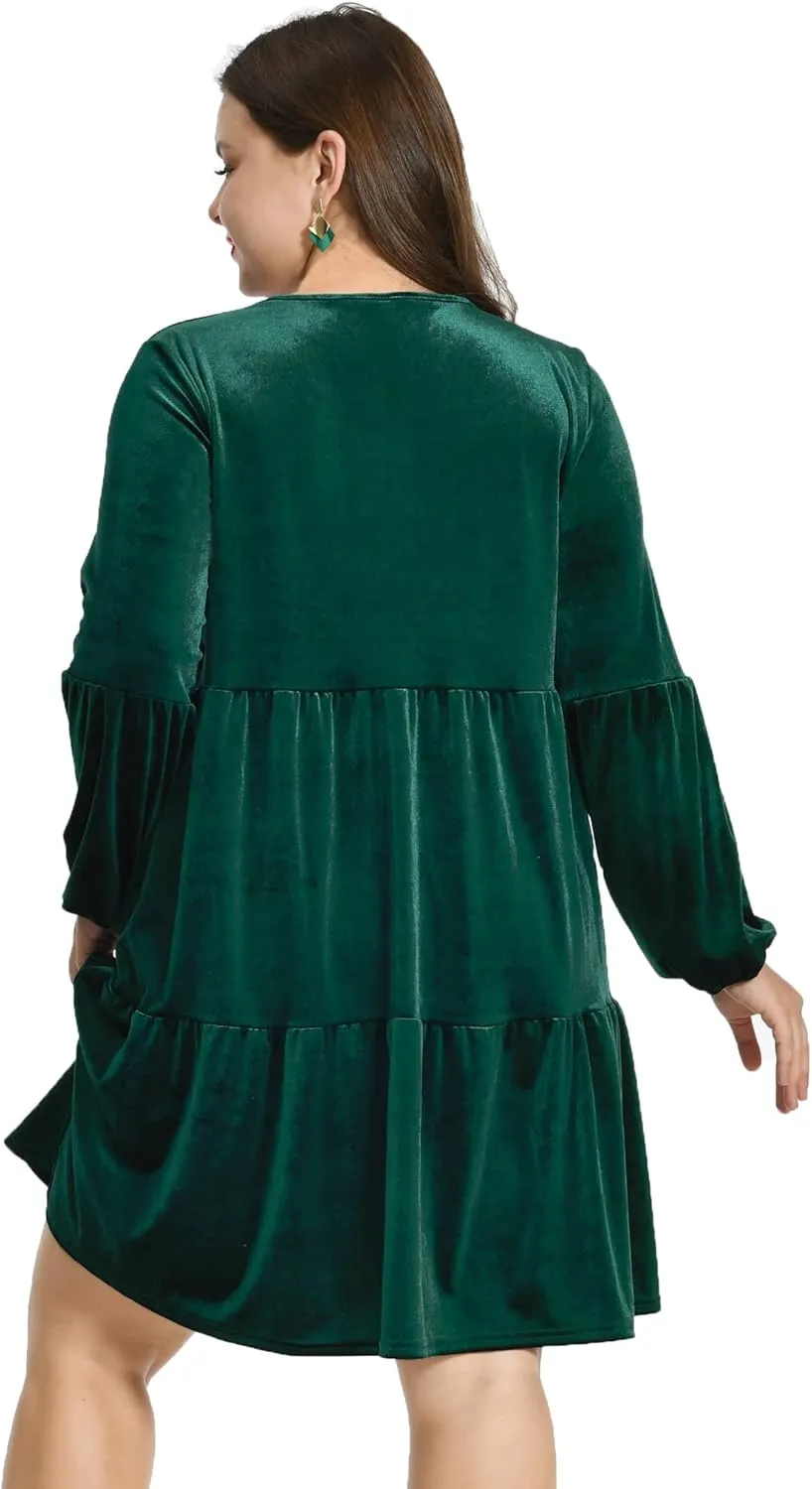 Women's Velvet Dress Long Sleeve Loose Flowy Swing Tunic Velvet Dress Plus Size Dress with Pocket