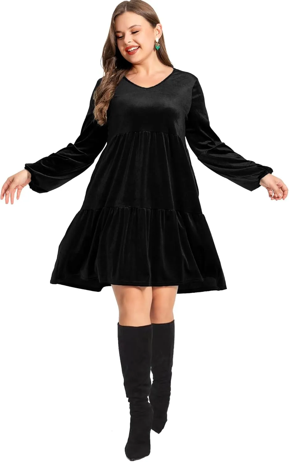 Women's Velvet Dress Long Sleeve Loose Flowy Swing Tunic Velvet Dress Plus Size Dress with Pocket