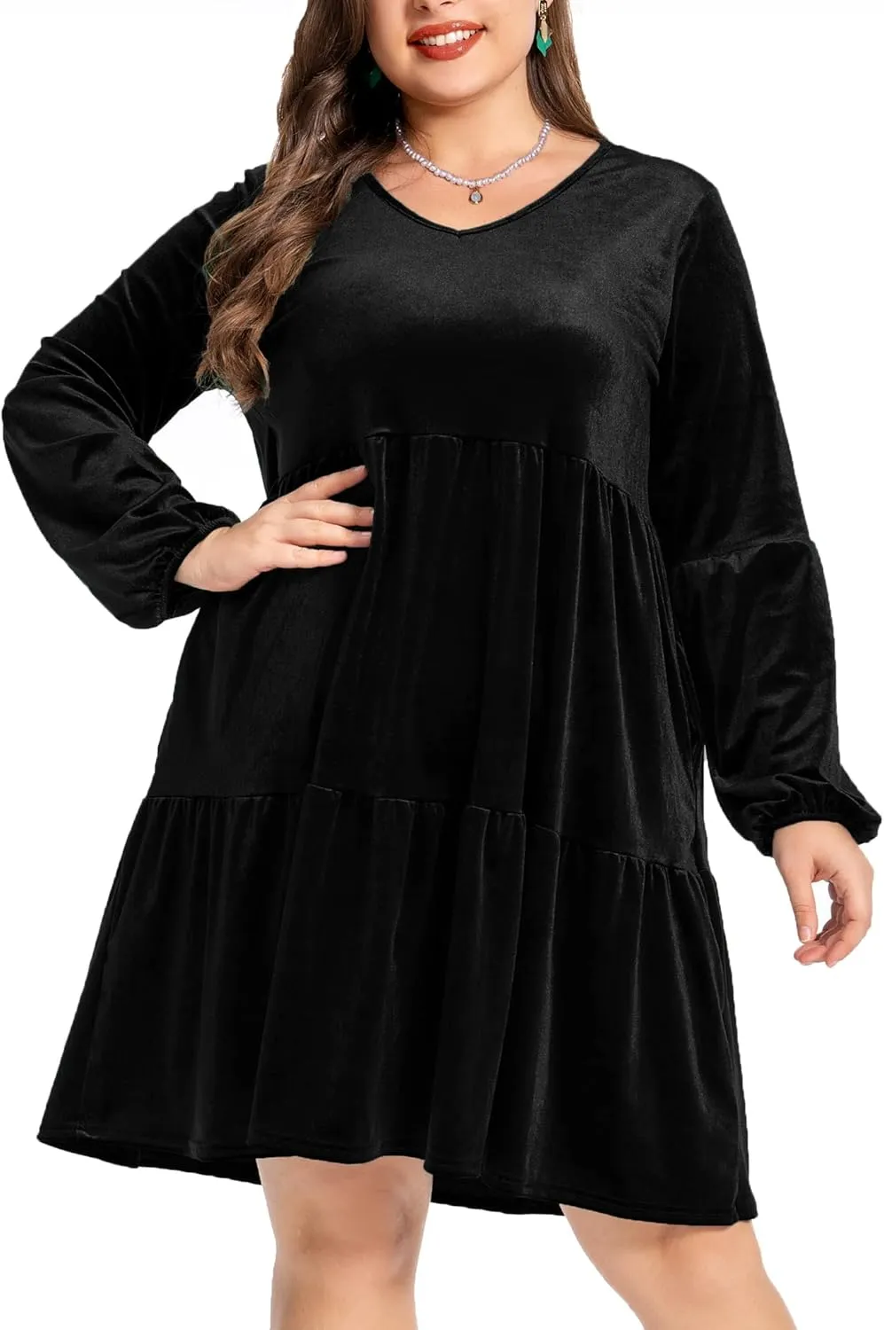 Women's Velvet Dress Long Sleeve Loose Flowy Swing Tunic Velvet Dress Plus Size Dress with Pocket