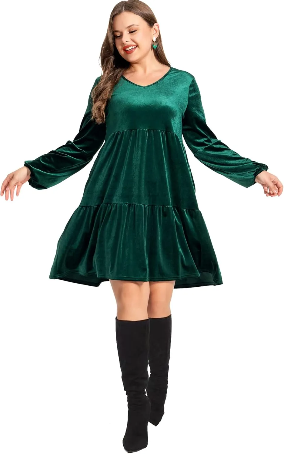 Women's Velvet Dress Long Sleeve Loose Flowy Swing Tunic Velvet Dress Plus Size Dress with Pocket