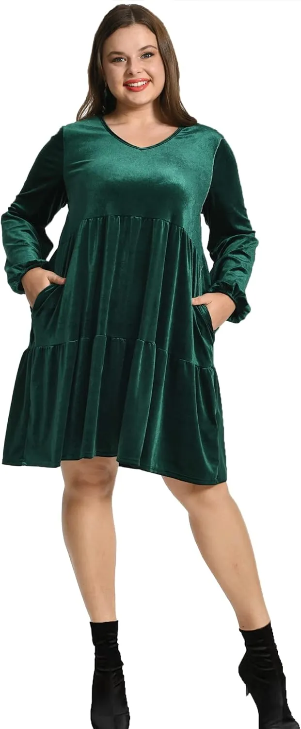 Women's Velvet Dress Long Sleeve Loose Flowy Swing Tunic Velvet Dress Plus Size Dress with Pocket