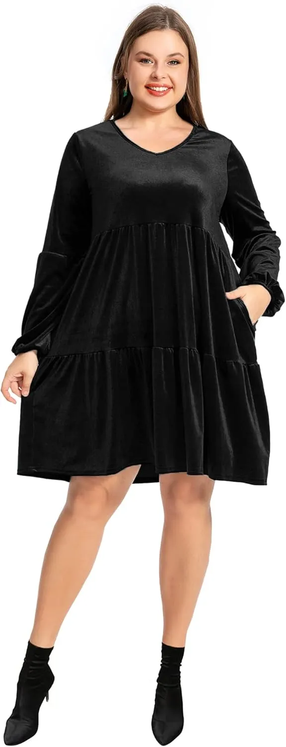 Women's Velvet Dress Long Sleeve Loose Flowy Swing Tunic Velvet Dress Plus Size Dress with Pocket