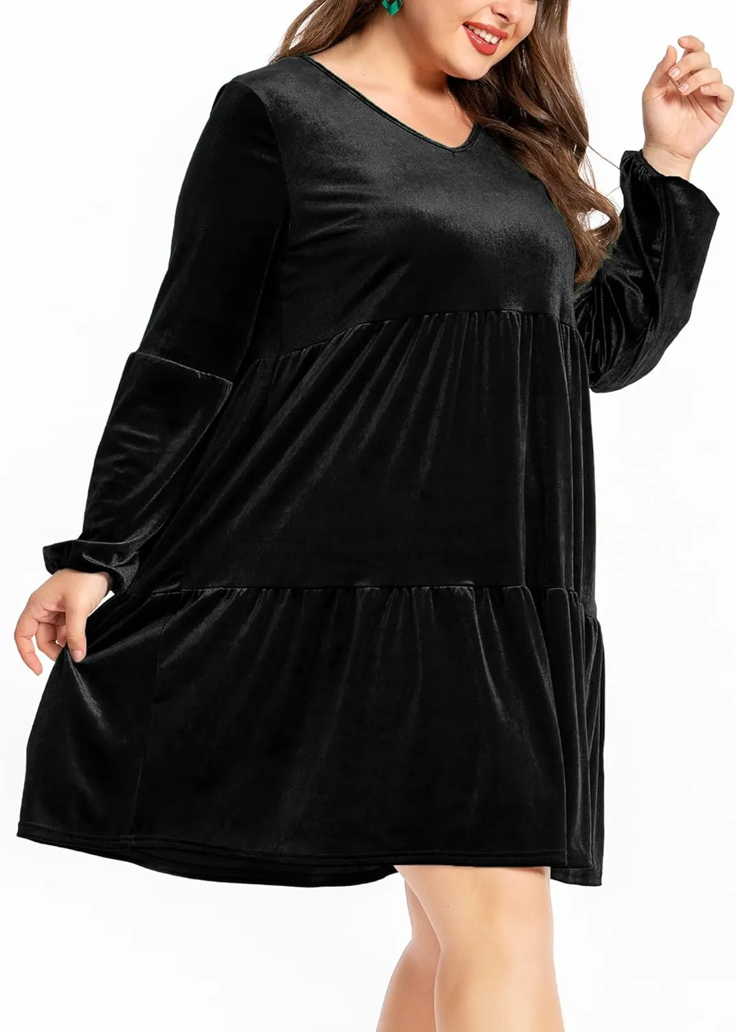 Women's Velvet Dress Long Sleeve Loose Flowy Swing Tunic Velvet Dress Plus Size Dress with Pocket