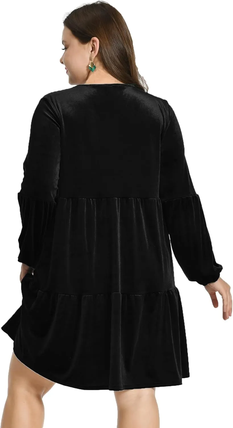 Women's Velvet Dress Long Sleeve Loose Flowy Swing Tunic Velvet Dress Plus Size Dress with Pocket