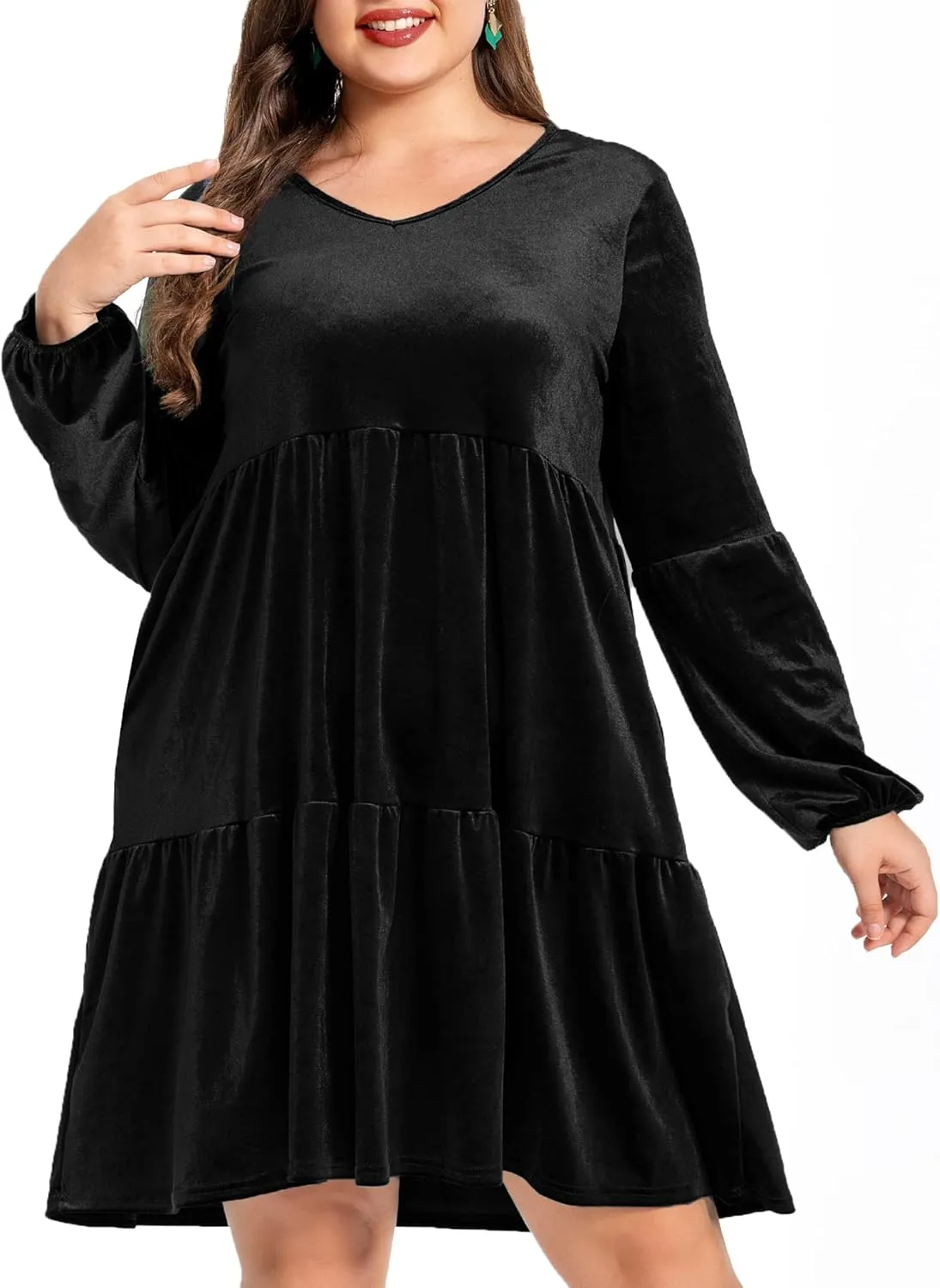 Women's Velvet Dress Long Sleeve Loose Flowy Swing Tunic Velvet Dress Plus Size Dress with Pocket