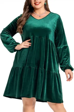 Women's Velvet Dress Long Sleeve Loose Flowy Swing Tunic Velvet Dress Plus Size Dress with Pocket