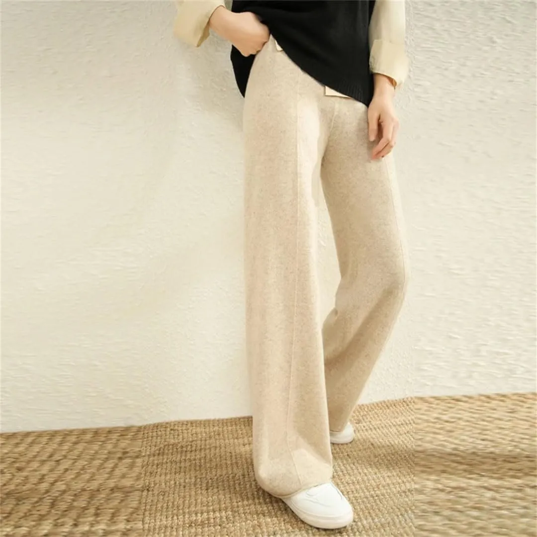 Women's Winter Solid Color Wool Knitted Wide Leg Pants High Waisted Pants Floor Pants