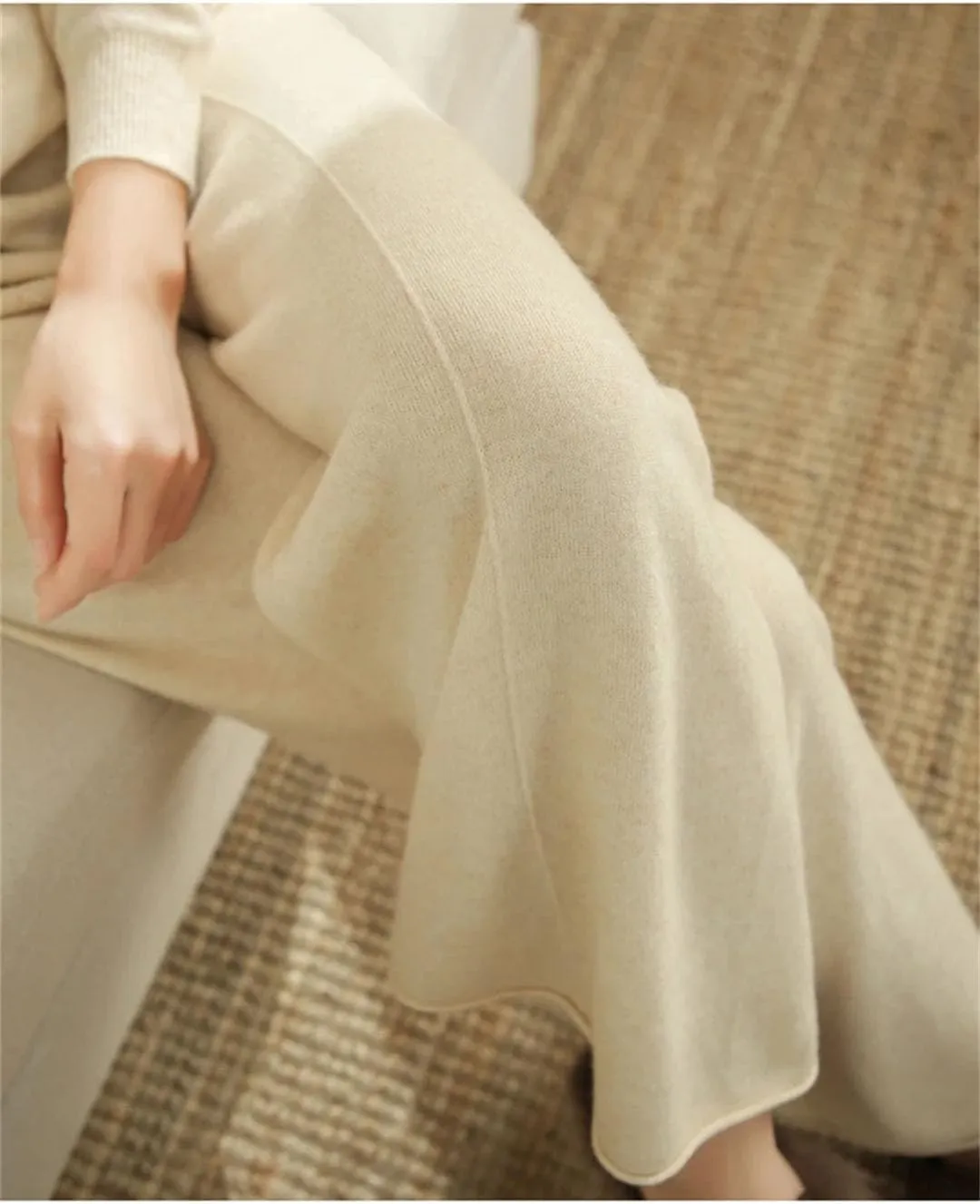 Women's Winter Solid Color Wool Knitted Wide Leg Pants High Waisted Pants Floor Pants