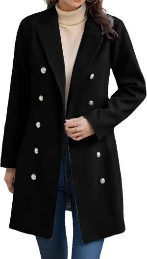 Wool Trench Coat Women Double Breasted Pea Coat Casual Long Sleeve Blazer Notch Collar Jacket Fall Winter Overcoat