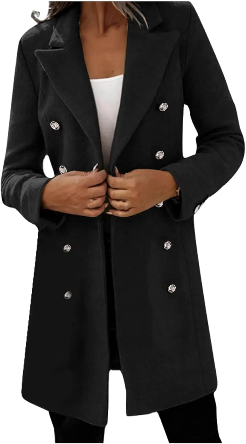 Wool Trench Coat Women Double Breasted Pea Coat Casual Long Sleeve Blazer Notch Collar Jacket Fall Winter Overcoat