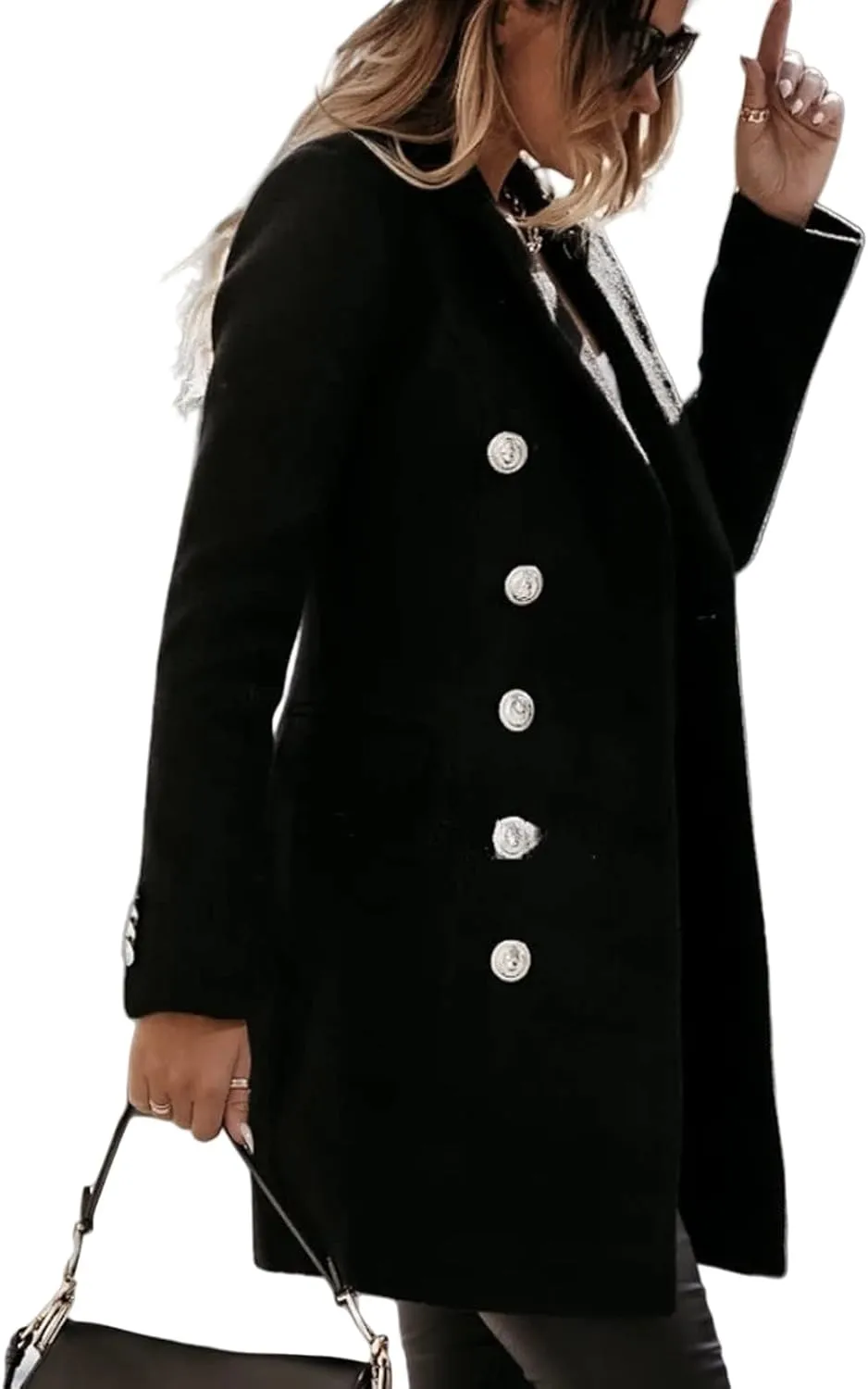 Wool Trench Coat Women Double Breasted Pea Coat Casual Long Sleeve Blazer Notch Collar Jacket Fall Winter Overcoat