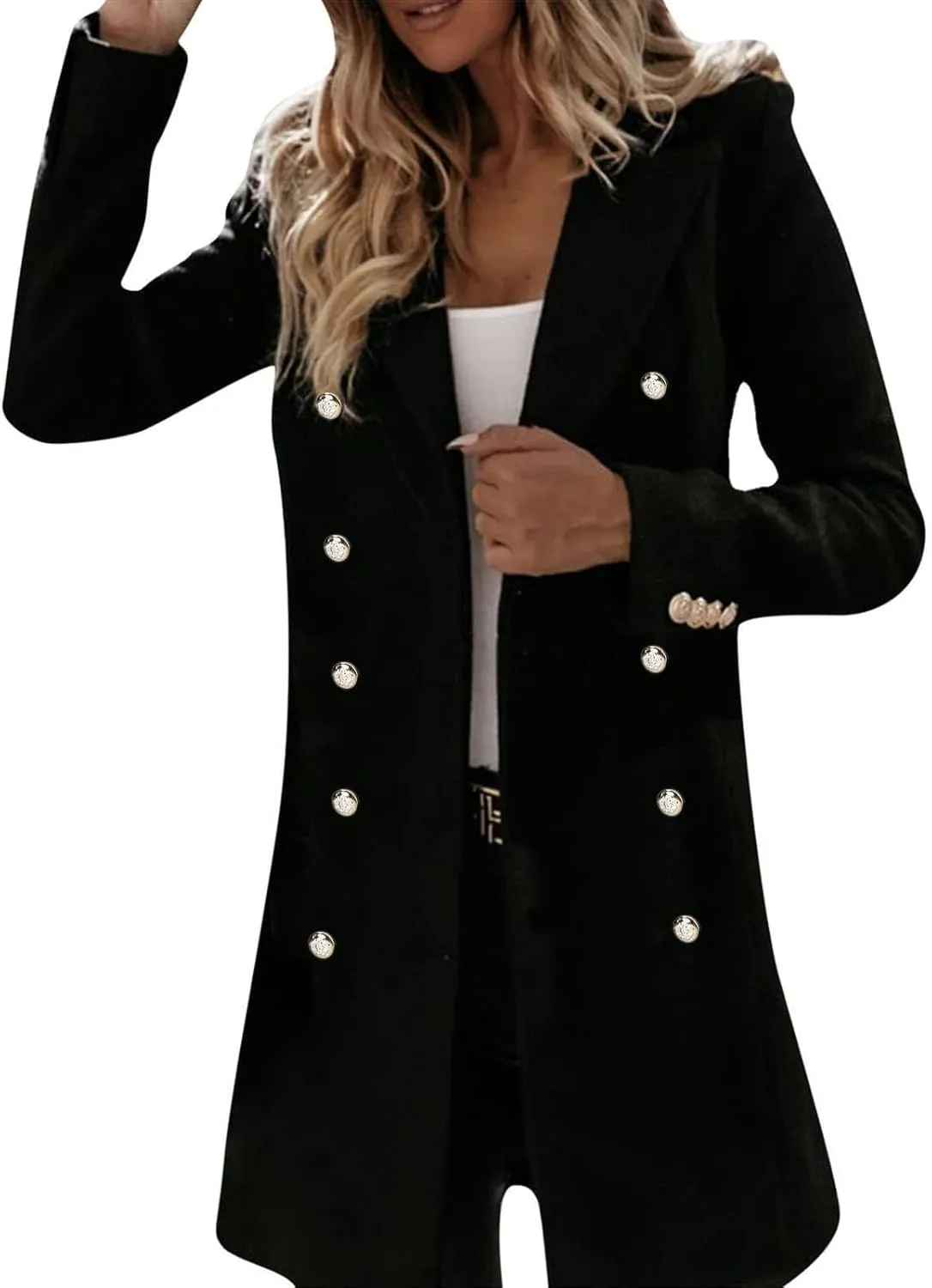 Wool Trench Coat Women Double Breasted Pea Coat Casual Long Sleeve Blazer Notch Collar Jacket Fall Winter Overcoat